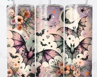Halloween Bat Design | Vintage Gothic Bats with Roses and Moon | Floral Night Sky | PNG Sublimation Skinny Wrap