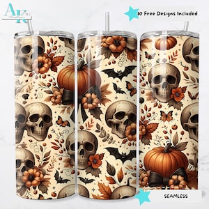 Halloween Skeleton Tumbler Wrap | Floral Skull & Pumpkin Halloween PNG Sublimation | Gothic Fall Skinny Wrap