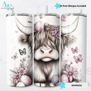 Cute Easter Highland Cow with Easter Eggs Floral 20oz Sublimation Tumbler PNG, Highland Cow Digital Wrap, Easter Tumbler PNG Download