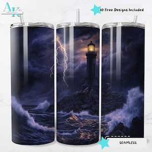 Lighthouse with Stormy Sea 20oz Tumbler Wrap, Digital Sublimation Design, Lightning in Dark Night, Printable PNG Download