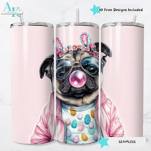 Easter Pug Bunny Tumbler Wrap | 20 Oz Skinny Easter Egg Design | Funny Bubblegum Hipster SVG PNG Printable