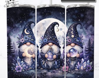 Envoltorio para vaso de 20 oz con diseño de gnomo lunar místico. Diseño de sublimación: cielo nocturno celestial, bosque iluminado por la luna y gnomo mágico.
