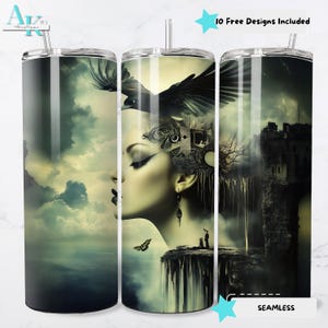 May include: A stainless steel tumbler with a wraparound design featuring a woman's profile, a raven, and a surreal landscape. The design includes the text "10 Free Designs Included" and "Seamless".