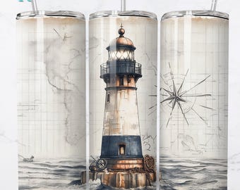 Lighthouse Tumbler Wrap, Nautical Compass Watercolor Design (Digital Download)