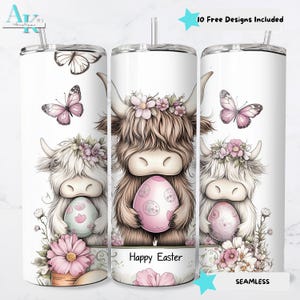 Cute Highland Cow Easter Tumbler Wrap PNG, 20oz Digital Sublimation, Easter Cow Tumbler Wrap, Spring Floral Tumbler Design, Happy Easter