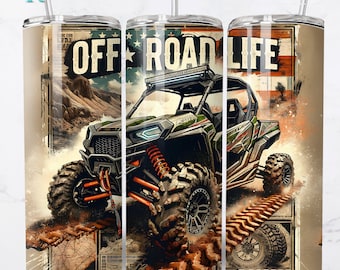 May include: A tumbler featuring an off-road vehicle design with the text "OFF ROAD LIFE." The design includes an American flag and a rugged terrain background. The tumbler has a straw and a lid.