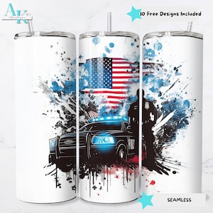 American Flag Thin Blue Line Police Officer Tumbler Wrap PNG, 20oz Digital Sublimation Tumbler Wrap Design, Patriotic Police Graphic Wrap