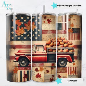 Autumn Truck 20oz Sublimation Tumbler Wrap, Fall Pumpkins, American Flag, Leaves Design, Tumbler Design, 20oz Skinny,Tumbler Wrap