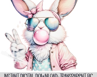 Retro Easter Bunny Blowing Bubble PNG, Vintage Happy Easter PNG, Funny Easter Bunnie  Sunglasses Easter Holiday Sublimation Digital Download
