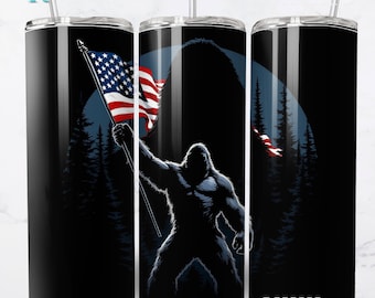 Bigfoot American Flag Tumbler Wrap PNG | Patriotic Sasquatch 20oz Skinny Tumbler Sublimation | Digital Download Commercial License