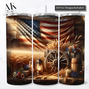 May include: A stainless steel tumbler with a patriotic design featuring an American flag, wheat, a wooden cart, and a lantern. The tumbler includes the text "10 Free Designs Included".