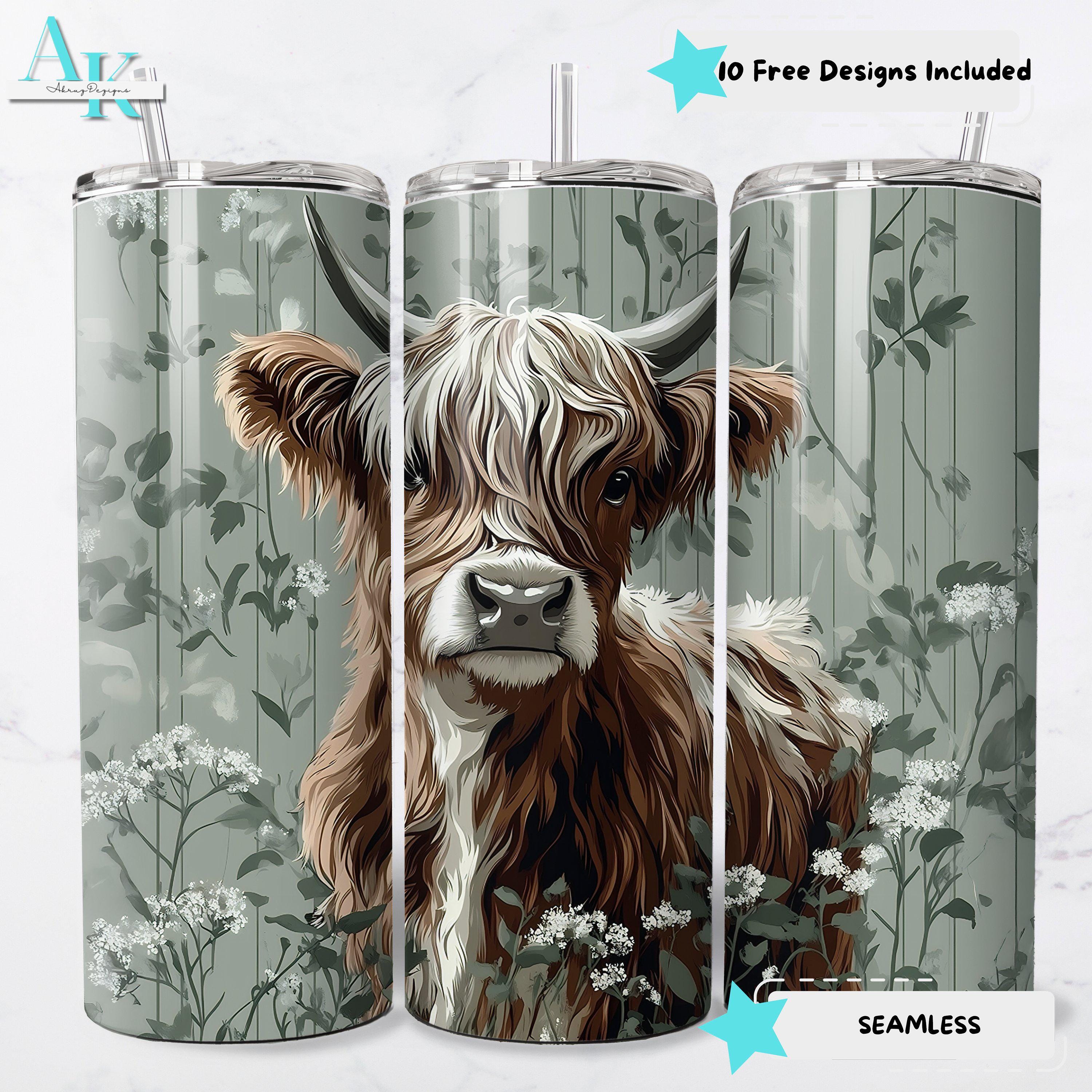 Floral Highland Cow Tumbler Wrap | 20oz Skinny Sublimation PNG
