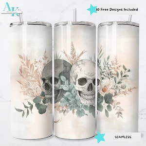 Skull and Florals BOHO 20oz Sublimation Tumbler Designs, Skeleton floral 9.2 x 8.3” Straight Skinny Tumbler Wrap PNG