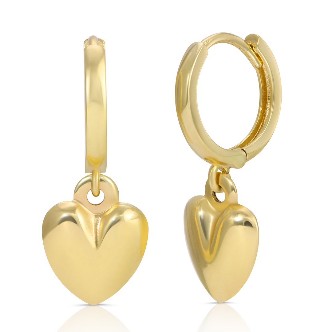 14k Solid Gold Heart Charm Huggies, Solid Gold Charm Huggies, Heart