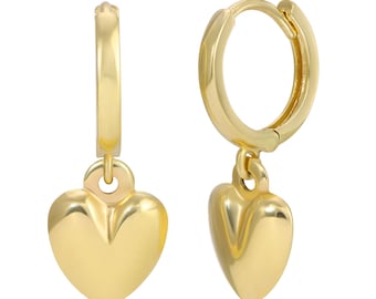 14k Solid Gold Heart Charm Huggies, Solid Gold Charm Huggies, Heart Hoop Earrings, Heart Hoops, Gifts for Her