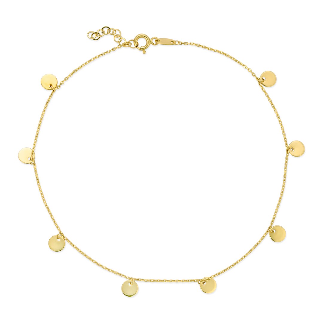 14k Solid Gold Disc Charm Anklet, Dainty Gold Charm Anklet, Hanging