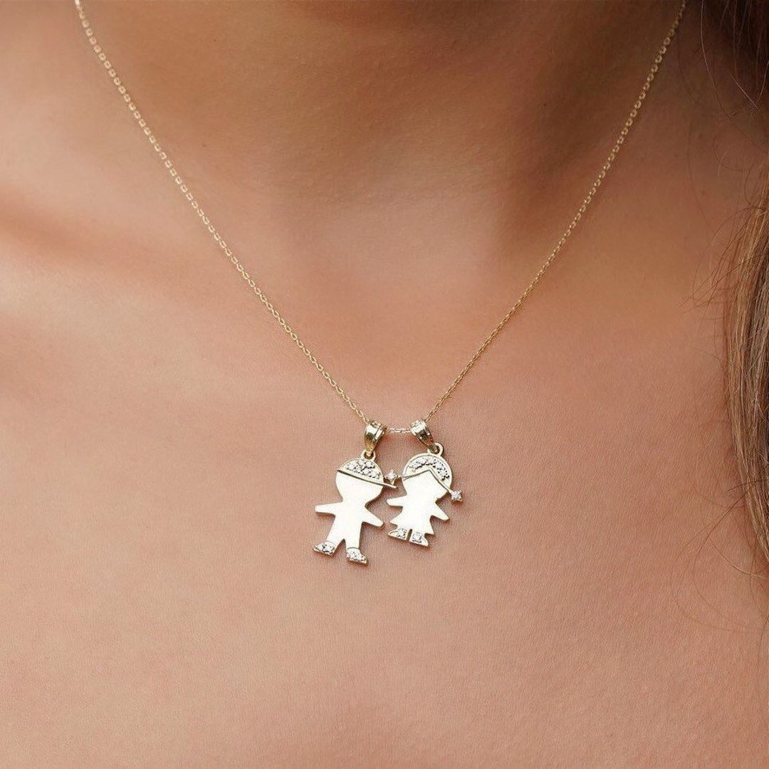 14k Solid Gold Boy and Girl Charms With Cubic Zirconia Stones, Gold Boy