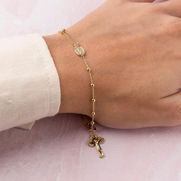 14K Solid Gold Rosary Bracelet with High-polish Beads, Dainty Rosary, Religious Jewelry, Gift for Her