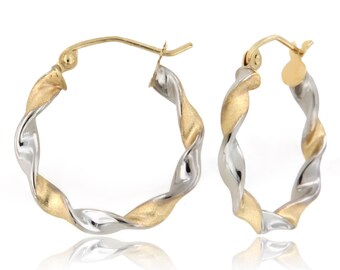 14K Real Gold Twisted Hoop Earrings, Two-tone Twisted Hoops, Two tone gold hoops, Gifts for Her