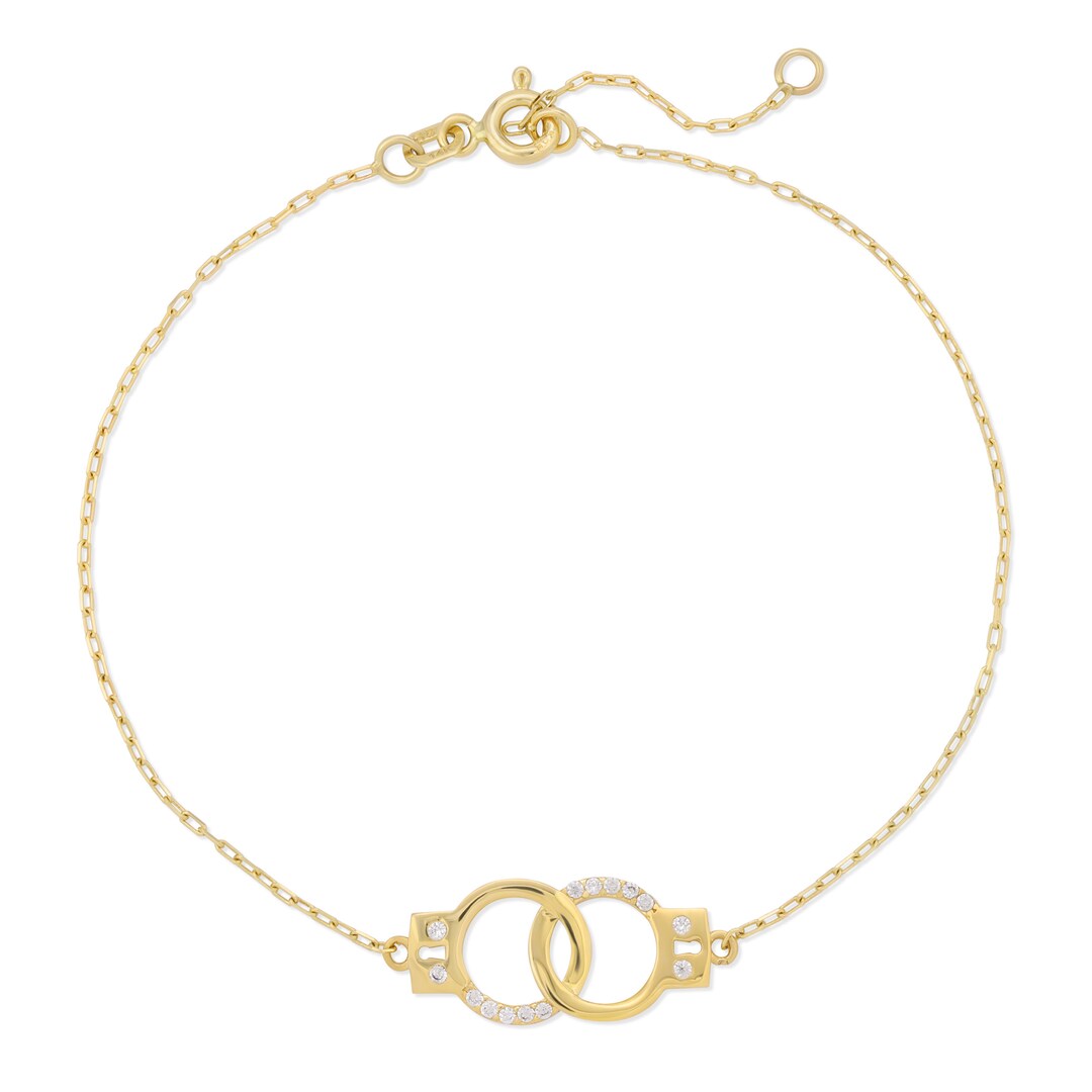 14k Solid Gold Handcuff Bracelet With Cubic Zirconia Stones / Handcuff