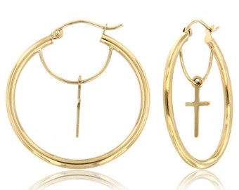 14K Real Gold Hoop Earrings with Cross Charm / Dangling Charm Hoops / Gold Tube Hoops