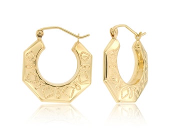 14k Real Gold Etched Hoop Earrings
