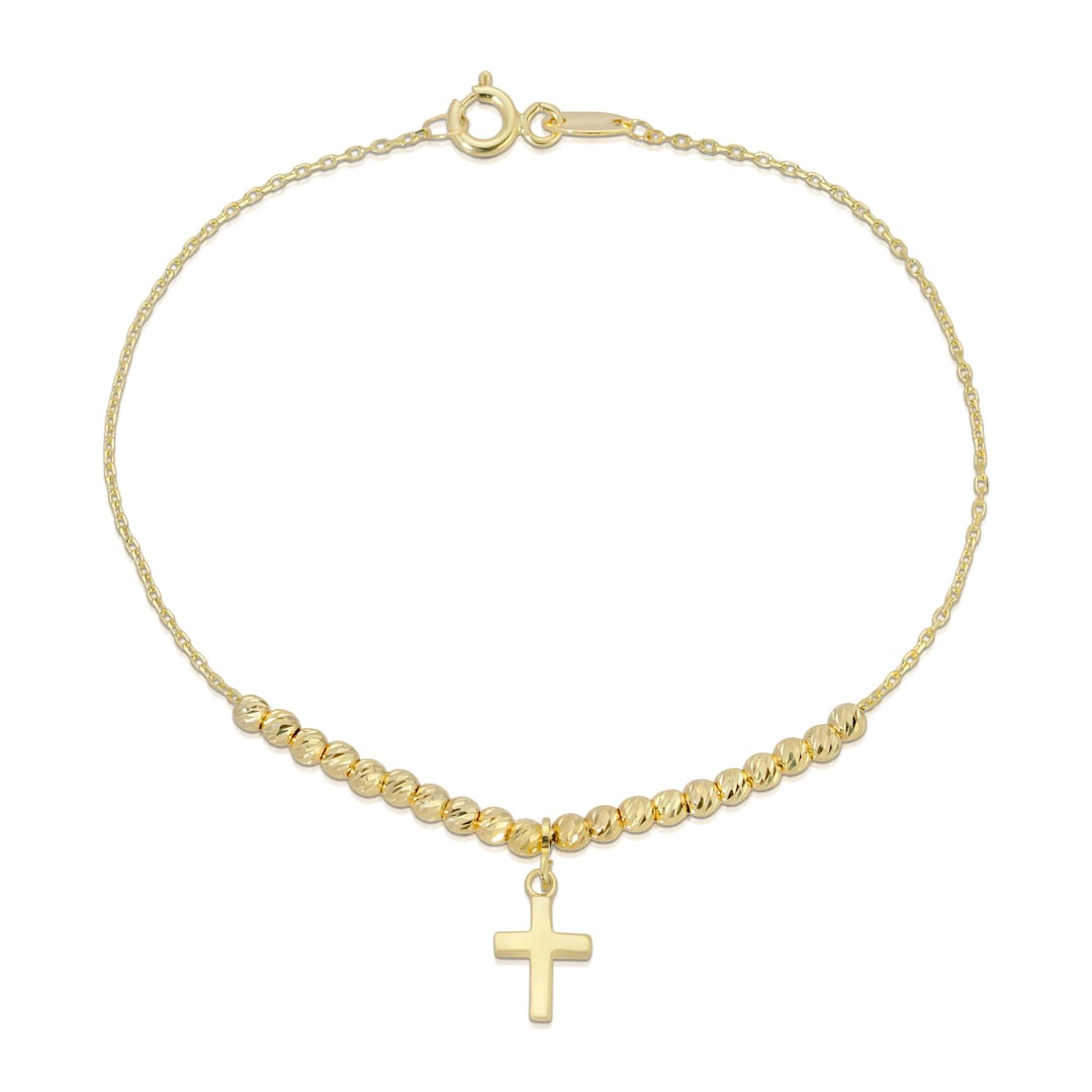 14K Solid Gold Cross Charm Bracelet With Diamondcut Beads Dainty Gifts for Her Etsy