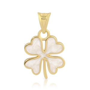 14k Solid Gold Pearl Enamel Clover Charm, Pearl Clover Charm, Gold Four Leaf Clover Pendant, Lucky Charm, Good Luck Charm