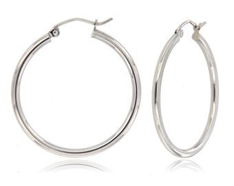 14k White Gold 2mm x 30mm Tube Hoops, White Gold Hoops, Small hoop earrings