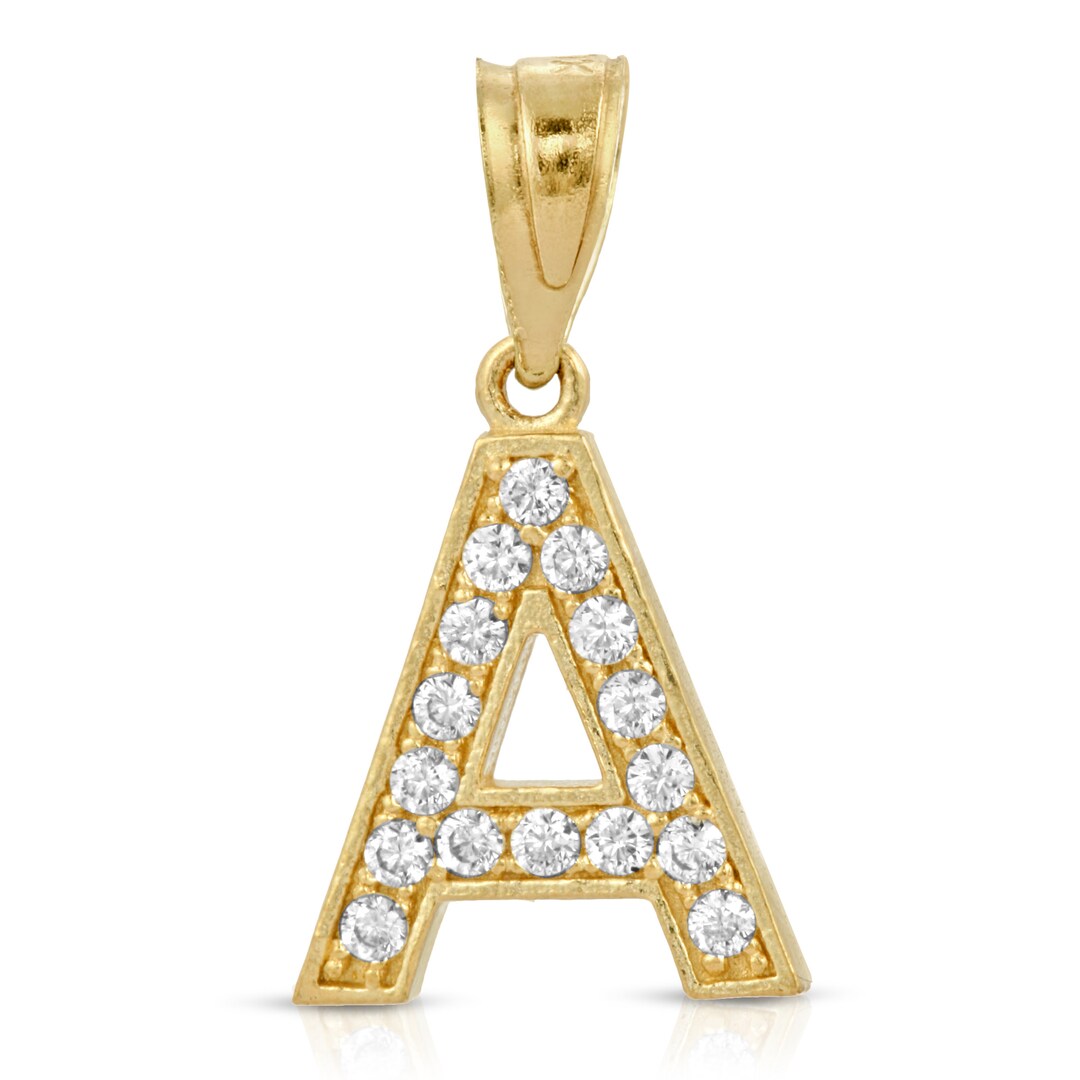 14k Solid Gold Initial Pendant With Cubic Zirconias Gold Letter Charm ...