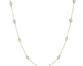 14k Solid Gold Station Necklace with Blue Cubic Zirconia Stones CZ by the Yard Station Gifts for Her