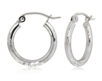 14k White Gold 2mm x 15mm Tube Hoops with Diamond-cut Detail, White Gold Hoops, Tube Hoop Earrings