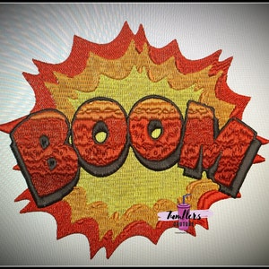 May include: Embroidered patch with a red, yellow, and orange explosion design. The word "BOOM" is in the center of the explosion in black and red lettering.