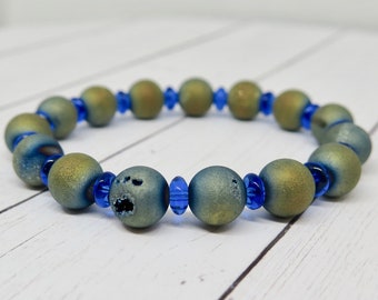 Earthy Blue Druzy Agate Bracelet, Boho Stretch Gemstone Jewelry Gift