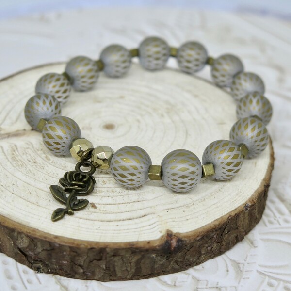 10mm Gold Etched Glass Stretchy Bracelet | Rose Charm Stretch Bracelet