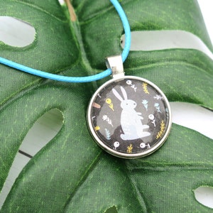 Bunny Glass Cabochon Pendant with 18&quot; waxed necklace cord | Cottagecore Bunny Necklace