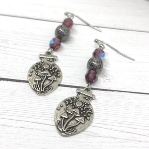 Mushroom Jar Handmade Celestial Dangly Earrings with Czech Glass | Cute Silver Tone Charm Jewelry Gift | Purple Beaded Whimsical Dangles