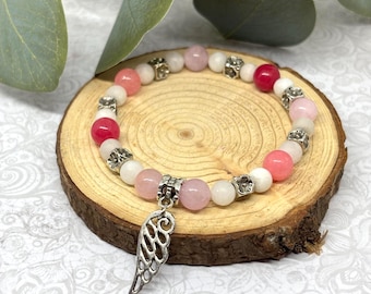 Angel Wing Charm Bracelet with Jade and Quartz Beads | Pink Floral Jewelry