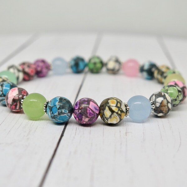 Marble and Jade Beaded Bracelet | Multicolor Gemstone Bracelet | Healing Stretchy Bracelet | Pastel Gemstone Bracelet | Rainbow Gemstones |