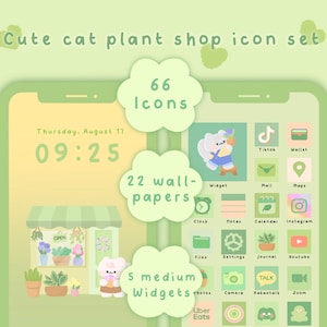 Niedliche Katze Pflanzenladen grüne Icon-Set iOS & Android App-Icons | Tapeten | Startbildschirm | Mini-Widgets | Kawaii Hand gezeichnet