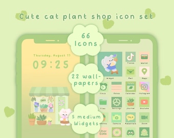 Cute cat plant shop green icon set iOS & Android app icons | wallpapers | home screen set | widgets | kawaii hand drawn