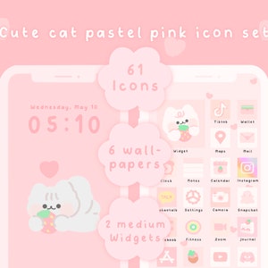 Cute cat pastel pink icon set iOS & Android app icons | wallpapers | baby pastel pink | home screen set | widgets | kawaii hand drawn