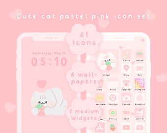 Cute cat pastel pink icon set iOS & Android app icons | wallpapers | baby pastel pink | home screen set | widgets | kawaii hand drawn