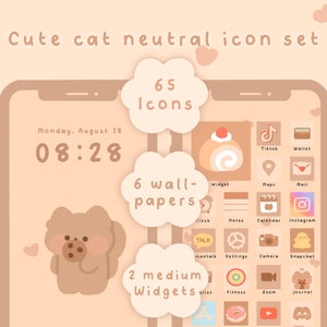 May include: A phone screen mockup with a neutral color scheme featuring a cute cat icon set. The set includes 65 icons, 6 wallpapers, and 2 widgets. The phone screen displays the time 08:28 and the date Monday, August 28.