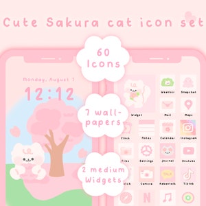 Cute cat sakura cherry blossom pink icon set iOS & Android app icons | wallpapers | pastel | home screen set | widgets | kawaii hand drawn
