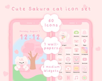 Schattige kat sakura kersenbloesem roze pictogrammenset iOS- en Android-apppictogrammen | achtergronden | pastel | startschermset | widgets | kawaii handgetekend