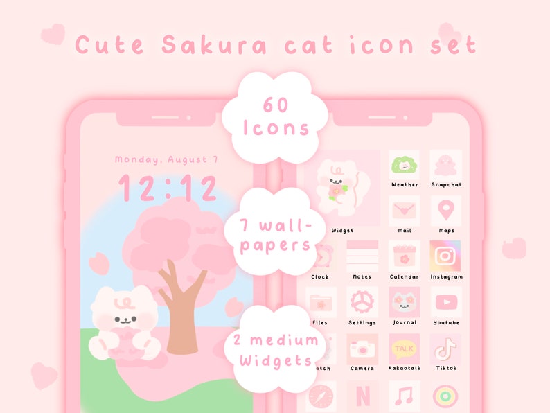 Cute Cat Sakura Cherry Blossom Pink Icon Set Ios & Android App Icons ...