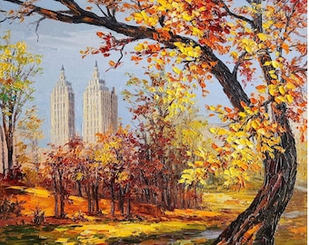 セントラルパークの秋の油絵、ニューヨークの風景画（13 x 13インチ