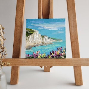 Original Seven Sisters Beach Painting England Seascape Painting Chalk Cliffs Seascape Painting Wall Art 4 by 4 inches