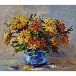 Chrysanthemum Flowers Painting Floral Painting Flower Bouquet Art Oil Impasto Flower Art Anniversary Gift Wall Art